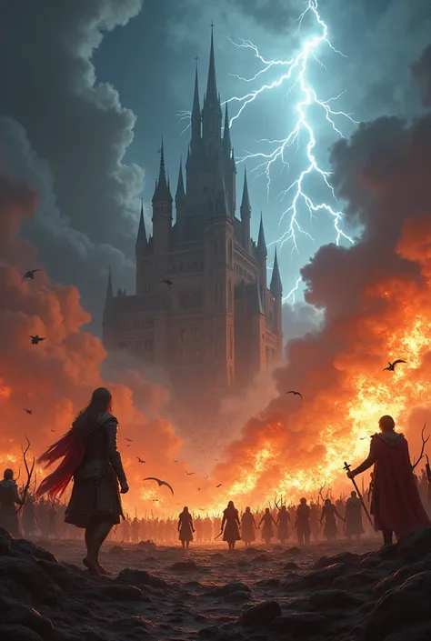 Asgard Castle in Flames, natta, lightning, mjolnir hammer in the clouds in the background, Valkyrie warriors in the sky, viking warriors on the ground 