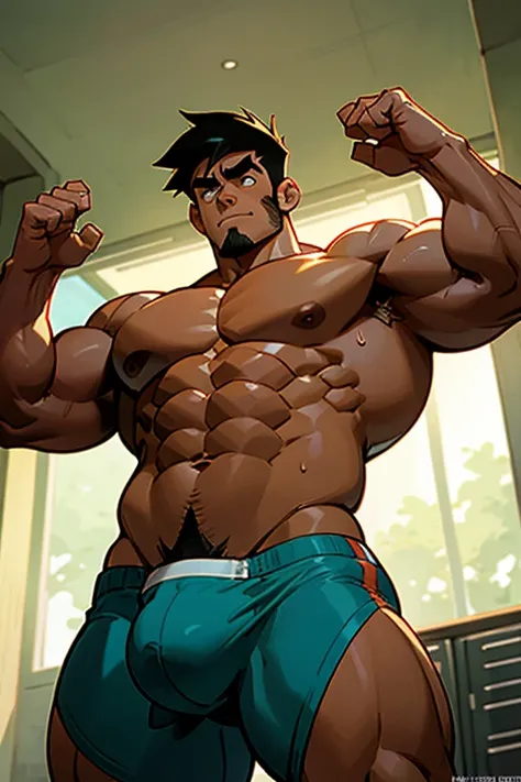 Danny Fenton from Danny Phantom animated series as a big dumb teenage muscular bodybuilder jock in a locker room flexing and staring blankly with mouth gaping open as his eyes glow under hypnosis as he repeats, "Bigger... Dumber.... Must obey.... More like...