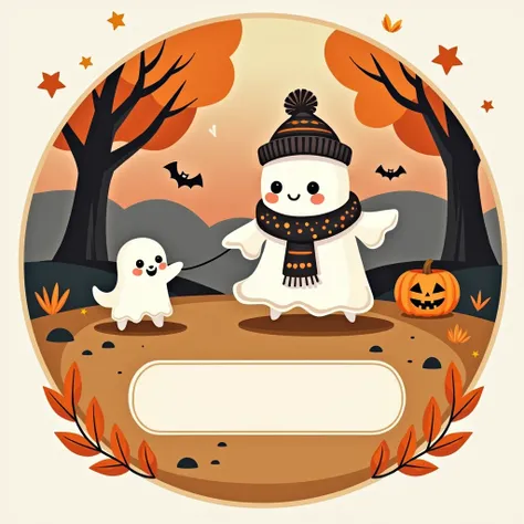 "Member badge. Theme: Cute Halloween, featuring a charming ghost wearing a warm hat and scarf, walking a tiny ghost dog on a leash through an autumn park. Leave a blank space for the name or insignia."