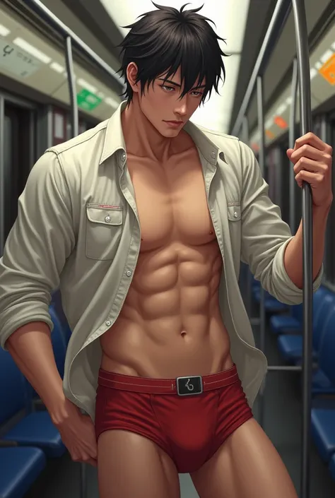 Realistic、Cute handsome man、Idol face、、Japanese、Slim body、Mash Hair、Torn and open shirt、Six-pack、A crowded train、Red Boxer Briefs、The old man next door puts his hand inside his briefs、Being touched all over the body、Old man grabs bulge in boxer briefs、Touc...