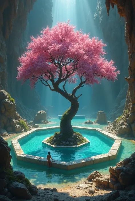 Huge octagonal shaped diamond pool, in the center of it a sacred tree with pink flowers.
 This basin is located inside a huge cave surrounded by ruins..
In this pool a reptilian bathes