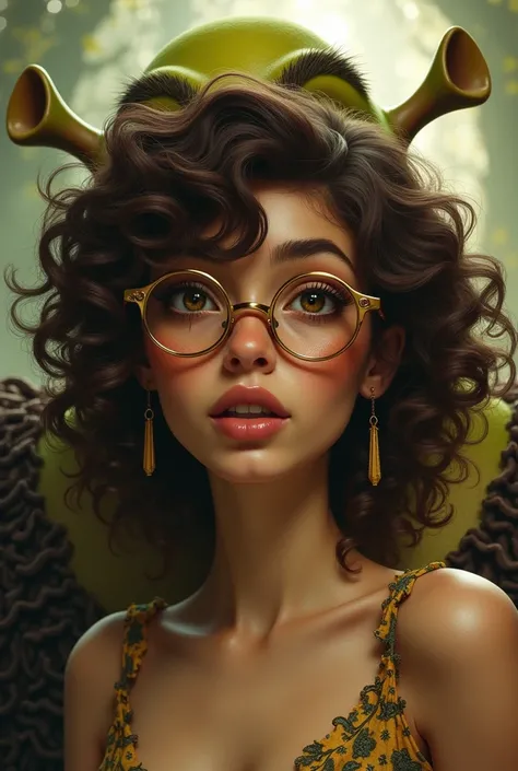  Brunetette, curly frizzy curly hair, eyes browns, drawn lips, wearing golden glasses, com o shrek dream works