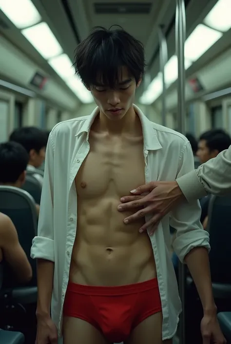 Realistic、Cute handsome man、Idol face、、Japanese、Slim body、Mash Hair、Torn and open shirt、Six-pack、A crowded train、Red Boxer Briefs、The old man next door puts his hand inside his briefs、Being touched all over the body、Old man grabs bulge in boxer briefs、Touc...