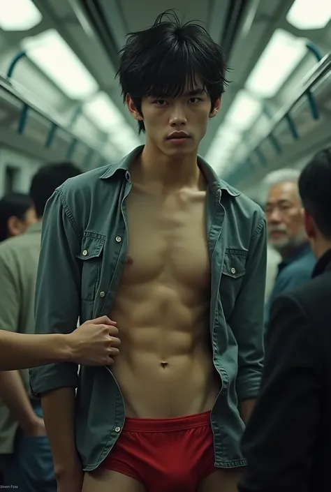 Realistic、Cute handsome man、Idol face、、Japanese、Slim body、Mash Hair、Torn and open shirt、Six-pack、A crowded train、Red Boxer Briefs、The old man next door puts his hand inside his briefs、Being touched all over the body、Old man grabs bulge in boxer briefs、Touc...