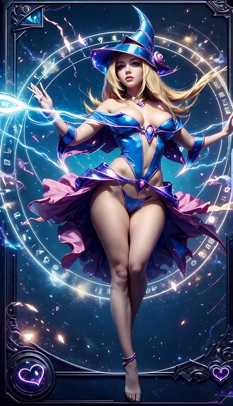 (masterpiece:1.2), (The best quality:1.2), perfect lighting, Dark Magician Girl casting a spell, floating in the air, big big hips, neckline, Magic background. Transparent hearts in the air., blue robe, big hat, from above, shines, Yugioh card in the backg...