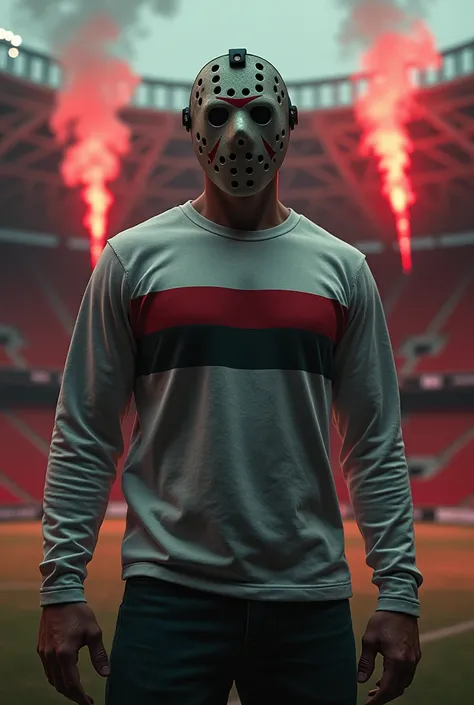 jason voorhees in white long sleeve shirt, with two stripes below the chest, the first one with red color, the second color black. In the background, a stadium with red stands and red signal smoke 