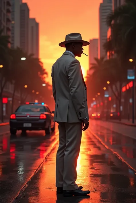 Wet asphalt in the late afternoon with sunset and the silhouette of a young man in a white suit smoking a cigarette with a hat on his head with a police car passing by 