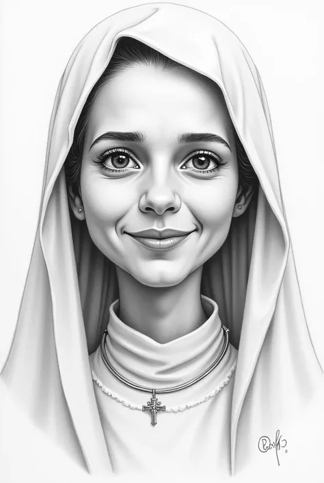 Caricature of Saint Rose of Lima, in pencil, occupying all the space on the sheet, highlighting the values that as a saint she invites us to live 