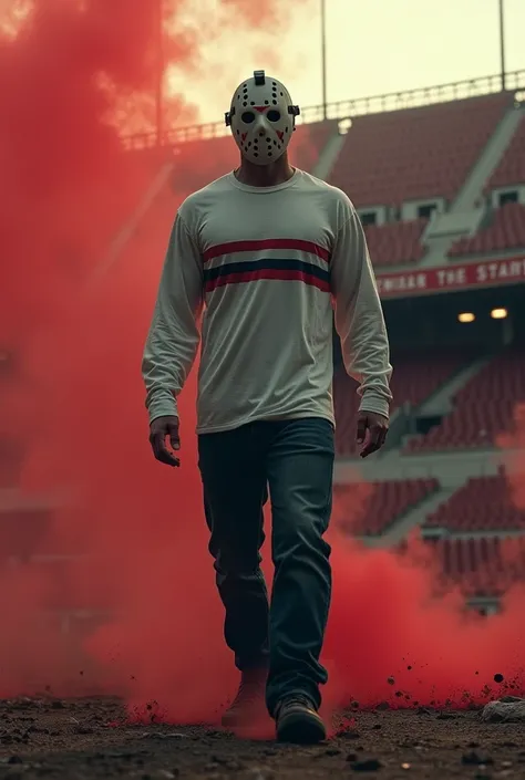 jason voorhees in white long sleeve shirt, with three stripes below the chest, the first one with red color, the second color white and the third black. In the background, a stadium with red stands and red signal smoke 