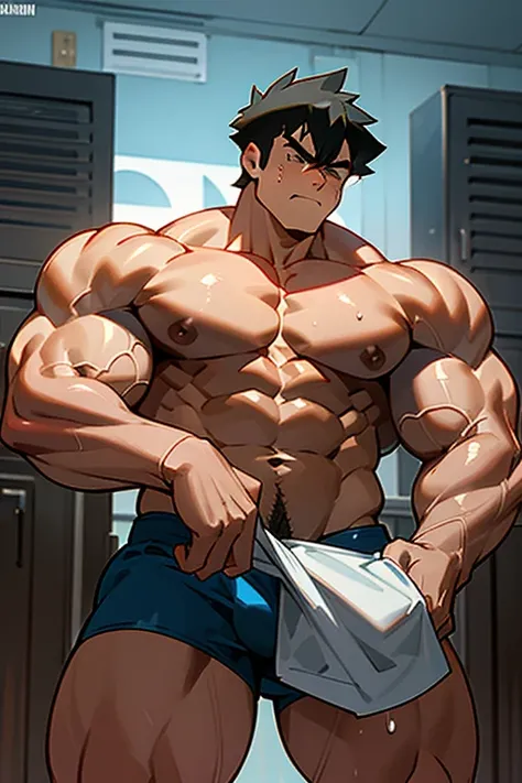 Ash Ketchum from Pokémon anime as a big dumb teenage muscular bodybuilder jock in a locker room flexing and staring blankly with mouth gaping open as his eyes glow under hypnosis as he repeats, "Bigger... Dumber.... Must obey.... More like a jock bro every...