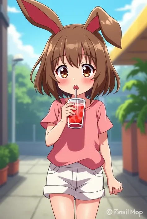 Create a , five years old, with brown eyes, Brown hair, blonde skin, brown bunny ears, drinking strawberry smoothie, dressed in a pink blouse and white shorts, in the style of My Hero Academia