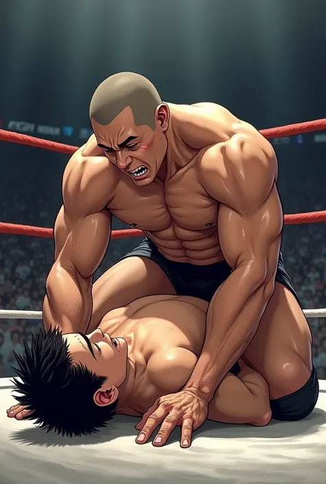 A young Japanese professional wrestler A and a senior Japanese professional wrestler B are in the ring.。They are on the same team。
A is buzzcut and muscular、Wearing short tights。Sweaty。Painful expression。
B is short-haired, muscular, and dark-skinned、Weari...