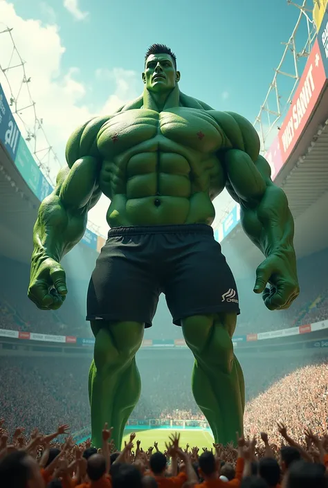 A hyper-realistic 3D rendering of a massive green humanoid figure standing in the middle of a sports stadium. The figure has a muscular build, wearing dark shorts, and is pointing upward with one hand. The stadium is packed with a cheering crowd, with vari...