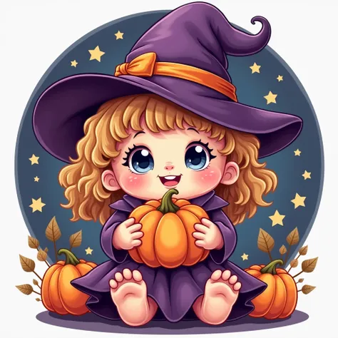 "Member badge. Theme: Cute Halloween, featuring an adorable witch with a rounded face, big eyes, and a pointed hat, holding a small pumpkin, surrounded by sparkling stars. Her style resembles a Cabbage Patch doll. Leave a blank space for the name or insign...