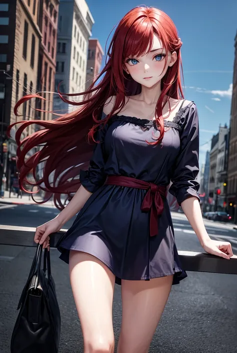 1 girl with waist-length red hair with waves, blue eyes, medium breasts, slim waist casual dress
