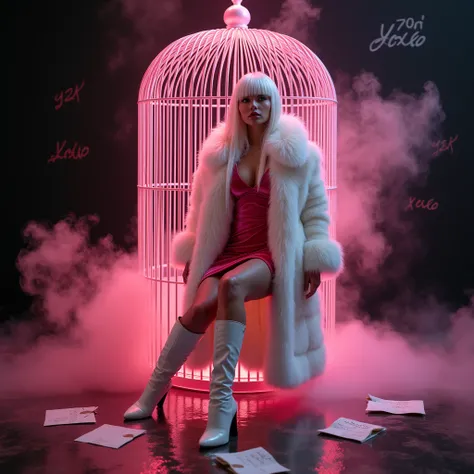 A woman with long white hair,She will wear a very luxurious velvet dress and a white fur coat,a white futuristic boot,I want her in a pink cage with black and a black background and there will be pink smoke,I want Y2K XOXO written on the background ,I want...