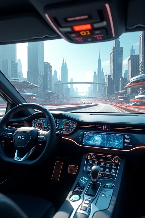 digits changing on the dashboard inside a futuristic vehicle, while traveling through a futuristic city (View of a futuristic city through the vehicle windows)