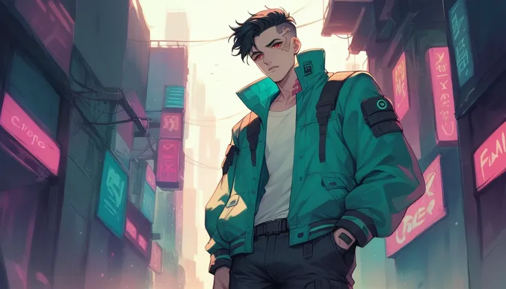 Chico cyberpunk, with a turquoise rubber jacket and black cargo pants, He has red eyes and black hair and a cyberpunk city in the background 