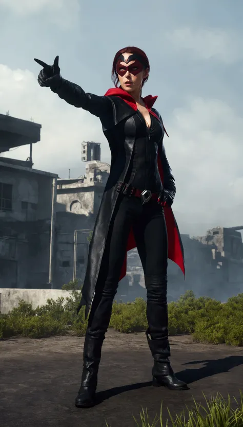 araffe dressed in a black outfit and red cape pointing at something, full body black and red longcoat, female rouge assassin, full body x-force outfit, scarlet witch costume, full body shot hyperdetailed, female outfit, confident heroic pose, wearing cloak...