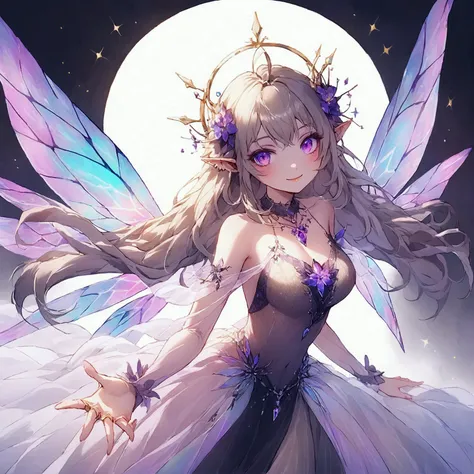 diaphanous wings flutter as she alights upon a crystalline flower, piercing amethyst eyes sparkling with mischief as she considers how to help convince her favorite playmate to let people love who they love. Gossamer gown Full body, pointy eared Fairy with...