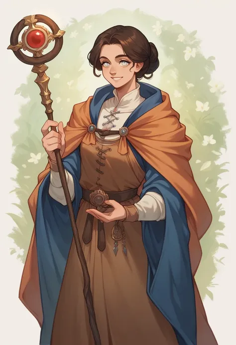 young woman, mage, age 19, dark brown hair, blind with white eyes, average build, smiling, holding a magical staff, wearing flowing robes, medieval fantasy, comics seinen stylessy 