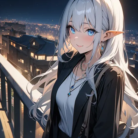 masterpiece, highest quality, Ultra-high resolution, Ultra-fine, 4K, 8k, highest quality, beautiful, Cute Woman elf, alone, (beautiful, white Hair, beautiful eyes blue, Long Hair, smile), Balcony,night,suit,necklace, Earrings, accessories, bag, Great light...