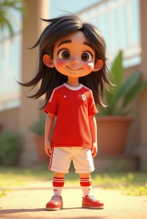  male child with masculine appearance with long hair down to the middle of his back, with big eyes and big mouth , wearing red soccer jersey and white pants with red stripes pixar style 3D.