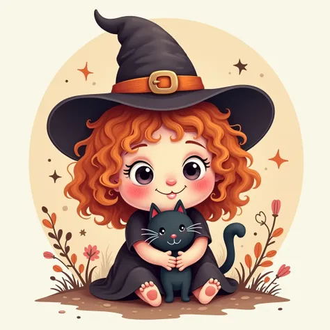 "Member badge. Theme: Cute Halloween, featuring a chubby-cheeked witch with curly hair peeking out from under her pointed hat, hugging a tiny black cat, with soft colors and a Cabbage Patch doll vibe. Leave a blank space for the name or insignia."