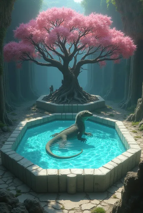 Huge pool made of octagonal shaped sharp diamond crystals, in the center of it a sacred tree that grew naturally,  with pink flowers and long branches that touch the pool water.
 This basin is located inside a huge cave surrounded by ruins..
In this pool a...