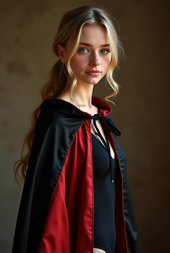 Full body portrait, (RAW Photo) , beautiful blue-eyed girl in her 20s with long blonde hair in ponytail , (((ankle 
length ((black and red lined satin cape:1.20))+++ tied at the neck))) , leotard , full body, slight skin 
blemishes, sly smile, high-quality...