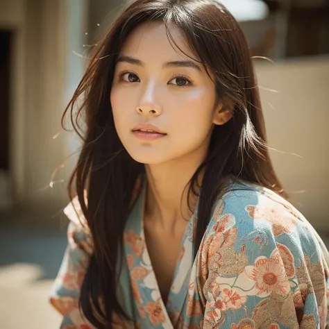 A hyper-realistic image of a single Japanese woman in her early 20s, captured from the shoulders up with the nostalgic warmth and subtle graininess of a film camera. She is wearing a traditional yukata with a vibrant, cute design featuring bold and colorfu...