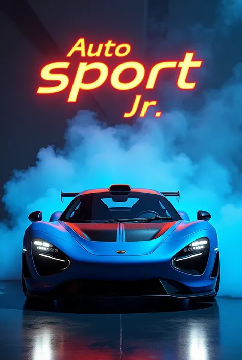 A luxury car, a blue and black Porsche.
That the title is Auto Sport JR That the title is made of fire and decorated like something mechanical that has blue and black smoke coming out in the background.
that all this is in a room with lights from below lea...