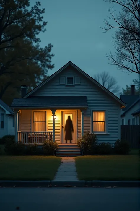 Generate an image of a small, ordinary suburban house at dusk, with a sense of hidden danger, as if something sinister is about to be revealed.