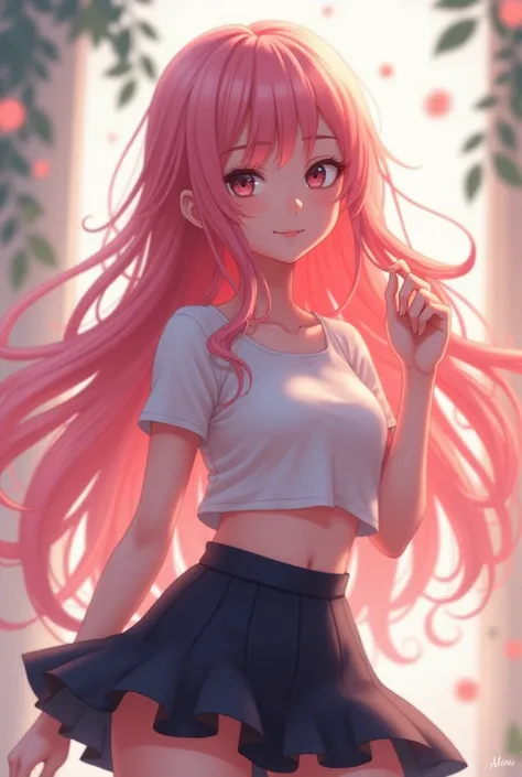 cute girl with long pink hair and she is wearing crop top and black mine skirt