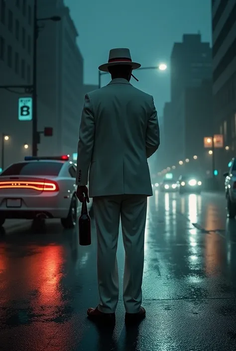 Wet asphalt on a cloudy night and the silhouette of a black man drinking beer with his back turned in a snow-white suit smoking a cigarette with a hat on his head with a red stripe and a police car passing by 