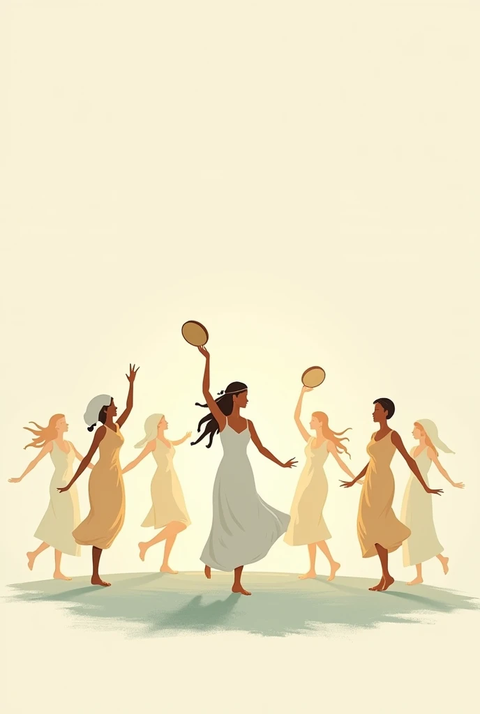 Create a digital illustration drawing, Like a minimalist painting of the biblical passage of Miriam (Exodus 15:19-20), Dancing with her tambourine alongside other women. Use pastel tones, prefer thin, organic contours CONTOUR ONLY, lines