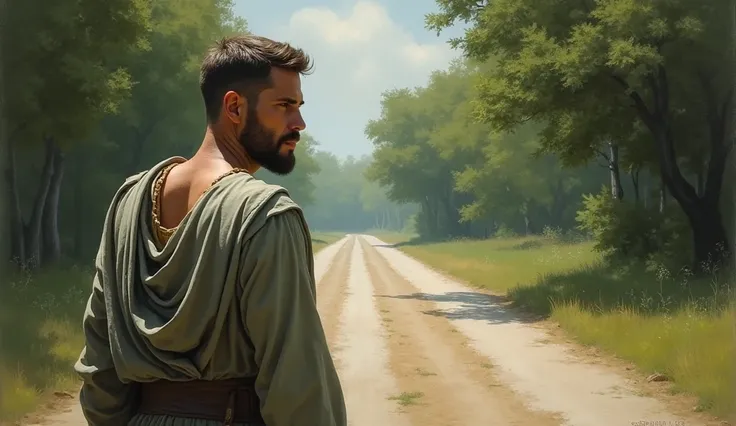 A male Stoic philosopher, around 2, with a well-proportioned and attractive physique, slightly tanned skin, and a short, well-trimmed beard, stands in deep reflection at a fork in the road. He wears classic tunics in soft earthy tones—gray and olive green—...