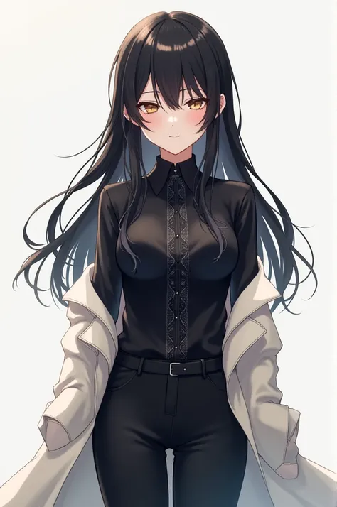 An anime girl with closed eyes with black hair wearing a black shirt with details with black waisted pants and a short white coat on her arms 