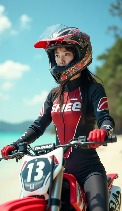 realistic, cinematic scene, very beautiful Japanese high school girl, standing style riding an off-road motorcycle, at beautiful quiet beach in resort island, dramatic scene, masterpiece, (face focus:1.3), clear helmet visor, beautiful eyes, Honda CRF250L,...