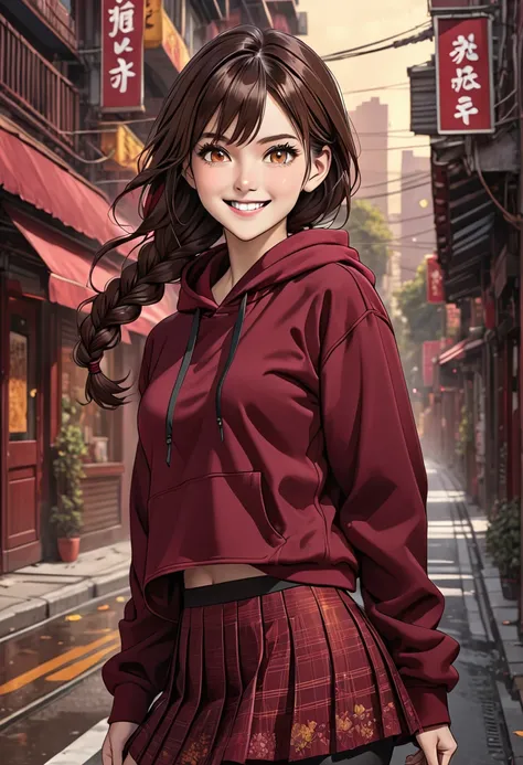 illustration, detailed illustration, ultra detailed, long dark brown hair, braid, amber eyes, pretty, mean smile, maroon pleated skirt, maroon hoodie, black leggings, urban background