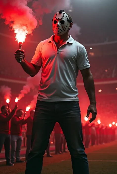 jason voorhees com camisa branca gola polo. Holding flare with red smoke In the background a stadium with red stands. Fans behind with red flares