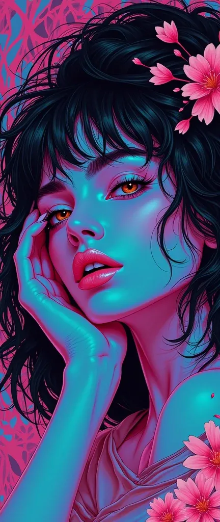 (1 female),(woman illustration),(psychedelic),(neon color),(vector art),(layered textures),(avant-garde and pop),(soothing illustrations),(best quality,4k,8k,highres,masterpiece:1.2),ultra-detailed,(realistic,photorealistic,photo-realistic:1.37),HDR,UHD,st...