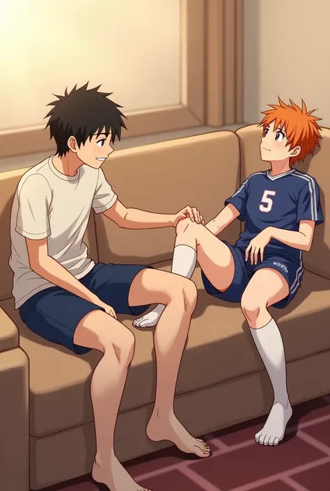 A side view of Kageyama from Haikyuu sitting at the end of a couch, with Shoyo Hinata lying stretched out on the couch, his feet resting on Kageyamas stomach. Kageyama is gently holding Hinatas ankles. Hinata is wearing his Karasuno High School volleyball ...