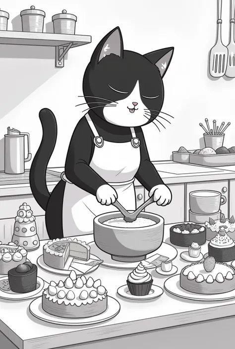  a black and white cat making desserts or having desserts around, Let the image be anime style