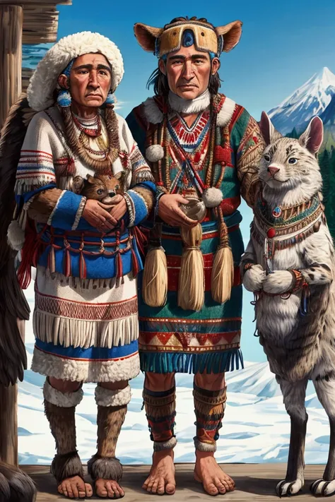 Meeting of inhabitants of pre-Columbian America from Alaska to Patagonia, each inhabitant of each region wearing their typical clothing and an animal from the region as a pet