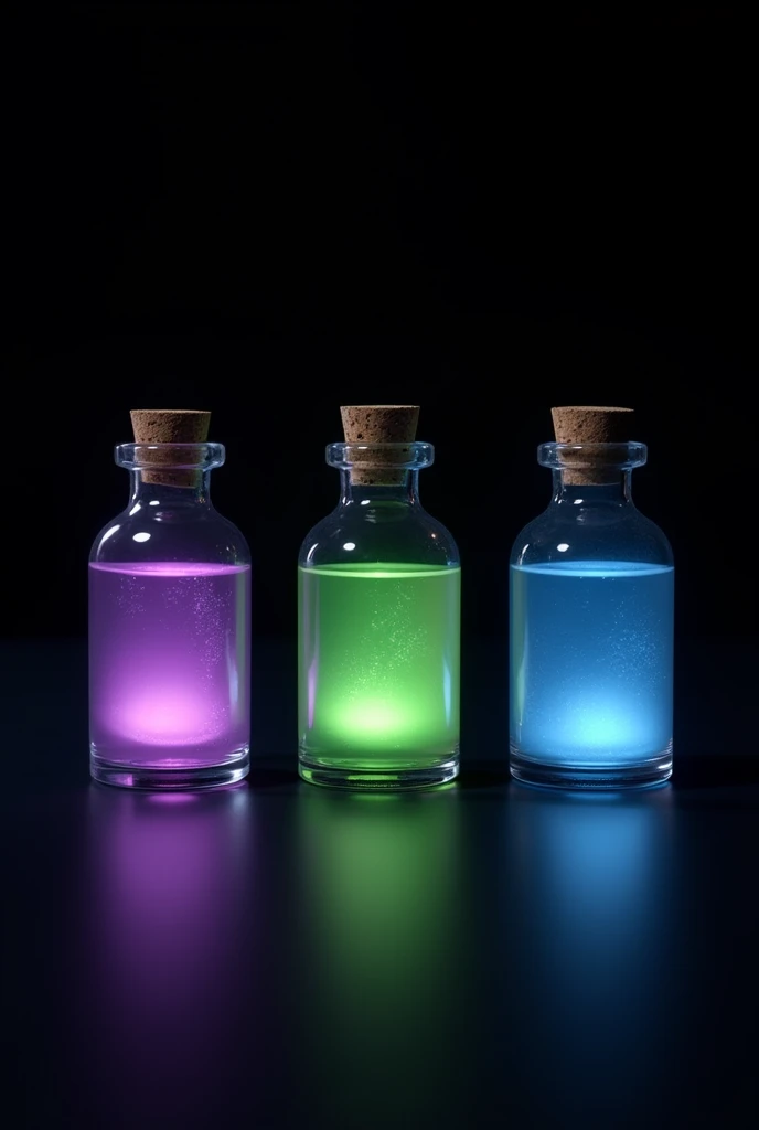 3 bottles with essence inside, they must be separated in the image, the background must be completely black. Inside the bottles must contain respectively, mystical essences in the colors Purple, green and blue. small bottles in the image and the completely...