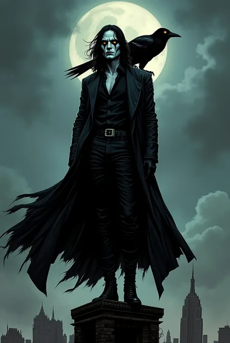 Comic book character the crow young man with light skin long black hair amber eyes white makeup with black lines on mouth and eyes black shirt black pants black leather trench coat black boots standing on a building at night in a city with a crow on his sh...