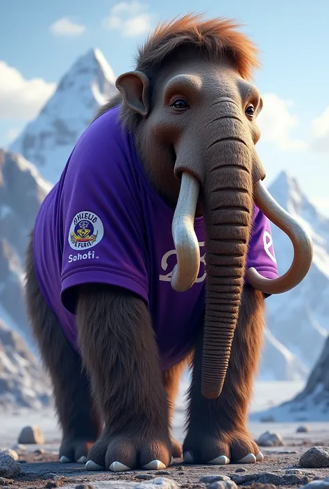 A mammoth wearing a purple soccer jersey with the number 23 on it