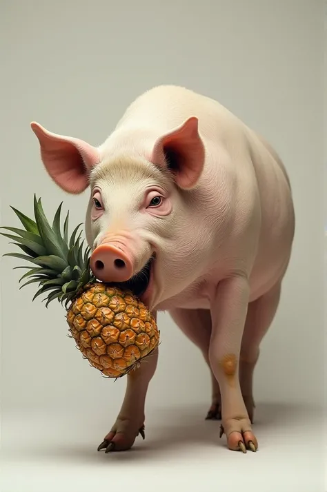 Photo of big pig, skinny and muscular eating pineapple 