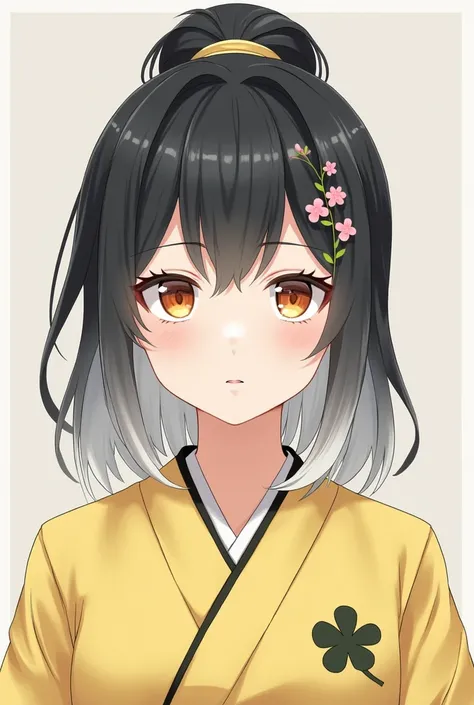 Hair: black - gray 
Eyes: Orange
 Hair accessory: cherry blossom hair clip 
Costume: Yellow Kimono
 imprint: clover